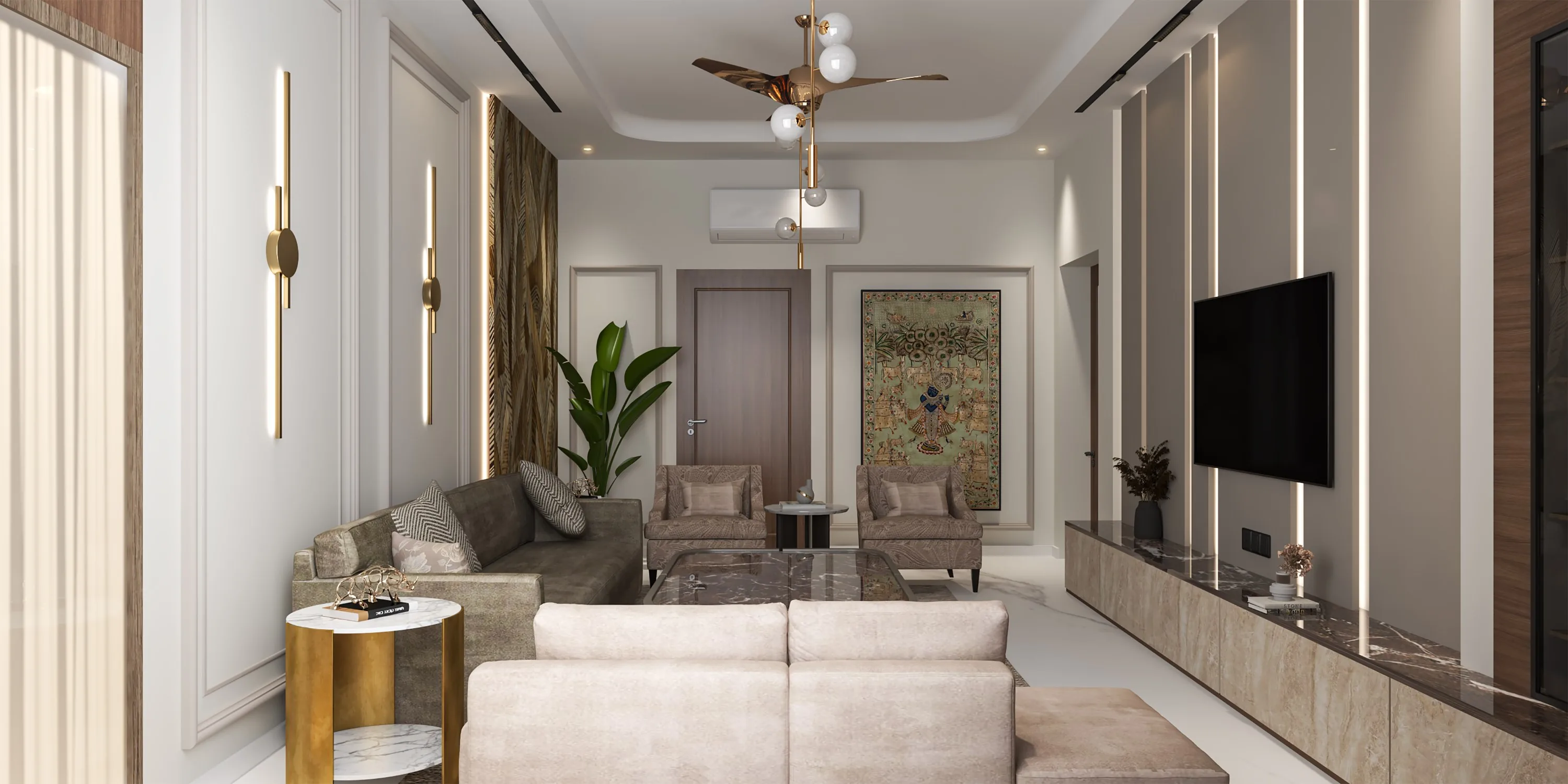 Living room with layered seating around a marble coffee table, beneath a framed Krishna painting