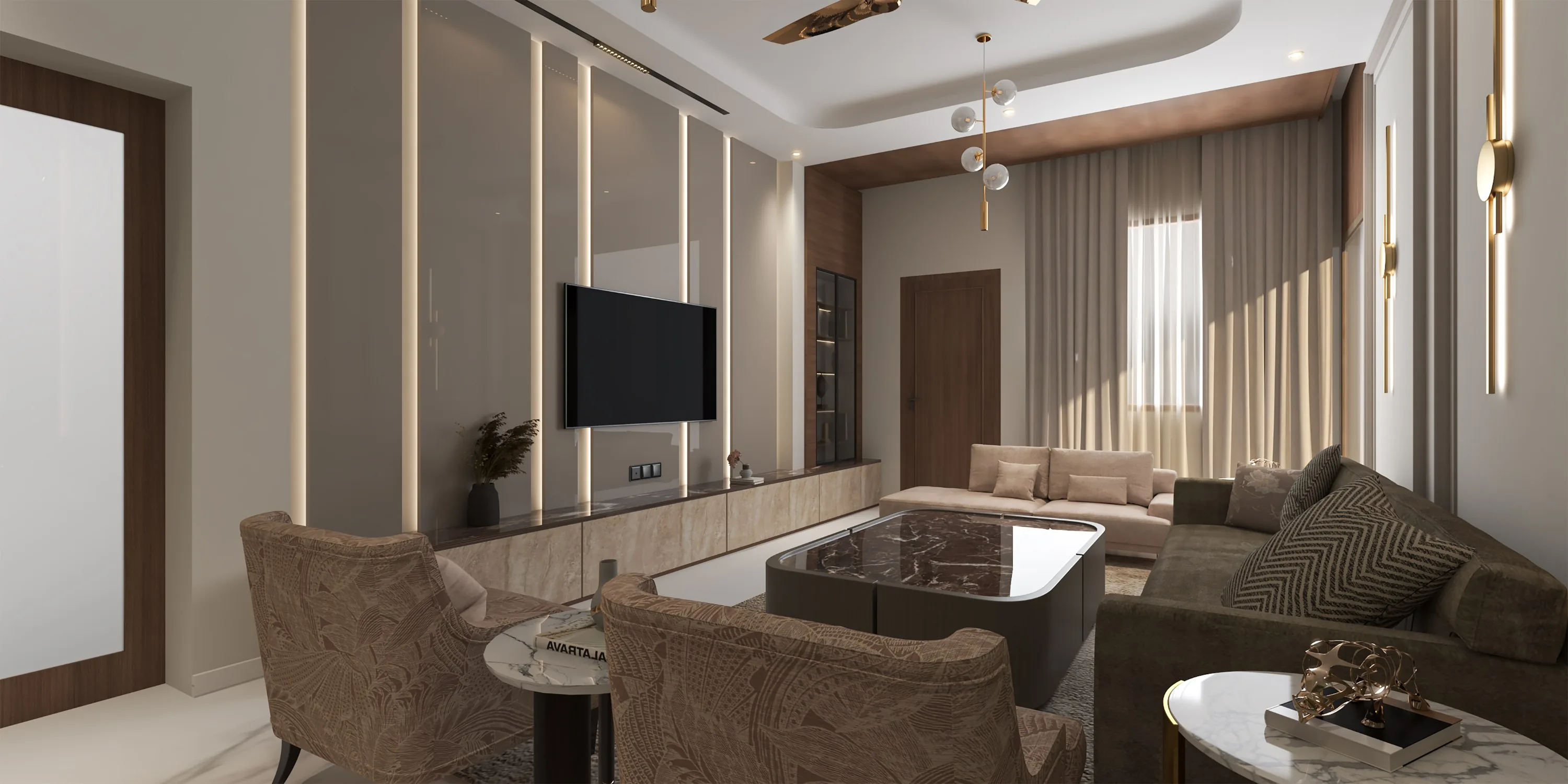 Living room with a fluted media wall and cane-backed armchairs