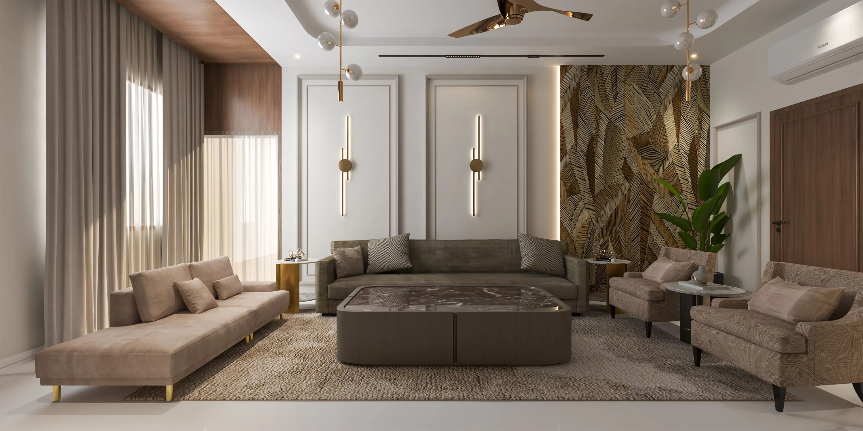 Living room corner with a leaf-print wallpaper accent and gold wall lights