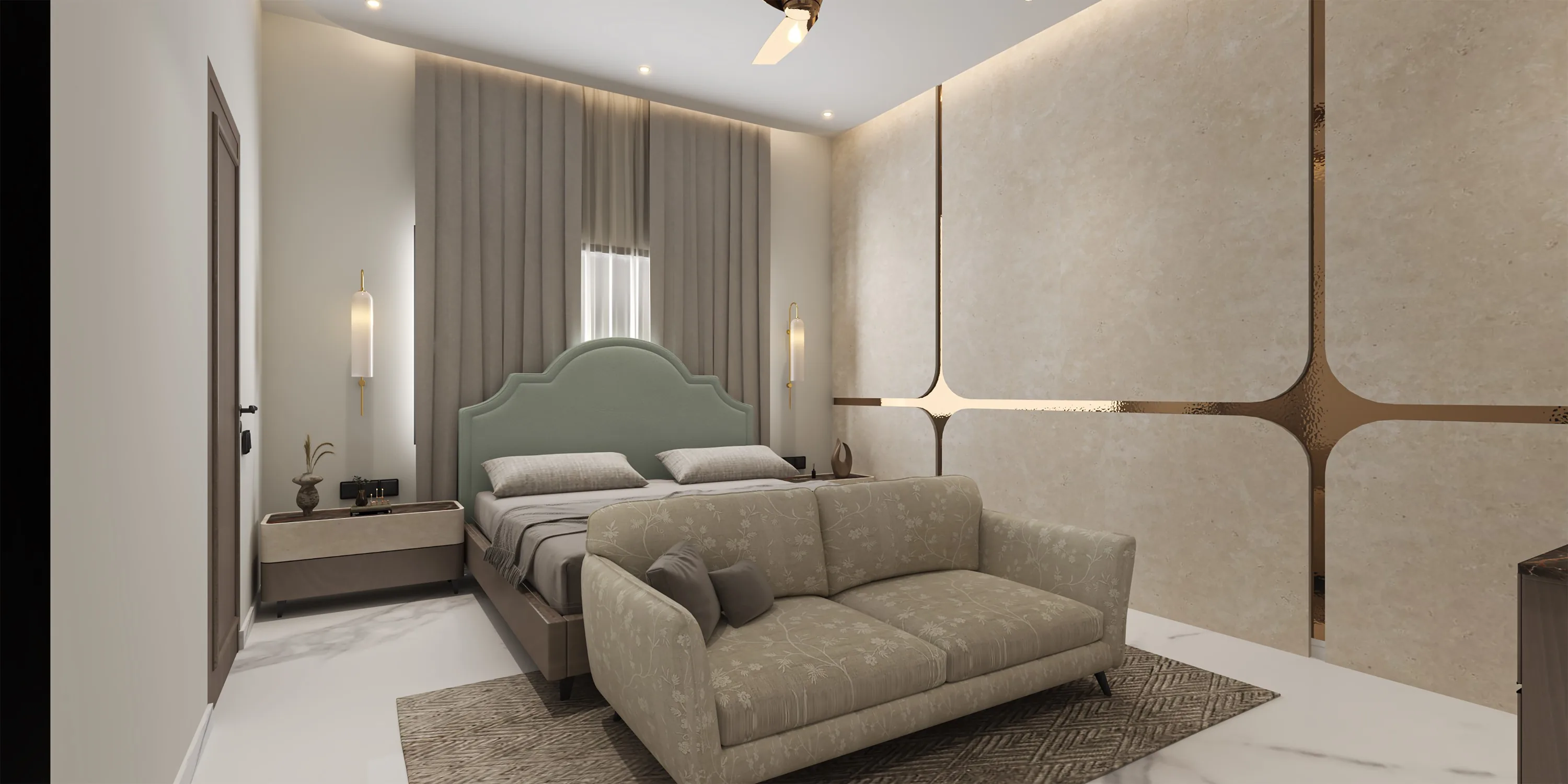 Bedroom with a grey scalloped headboard and bronze-inlaid marble panelling