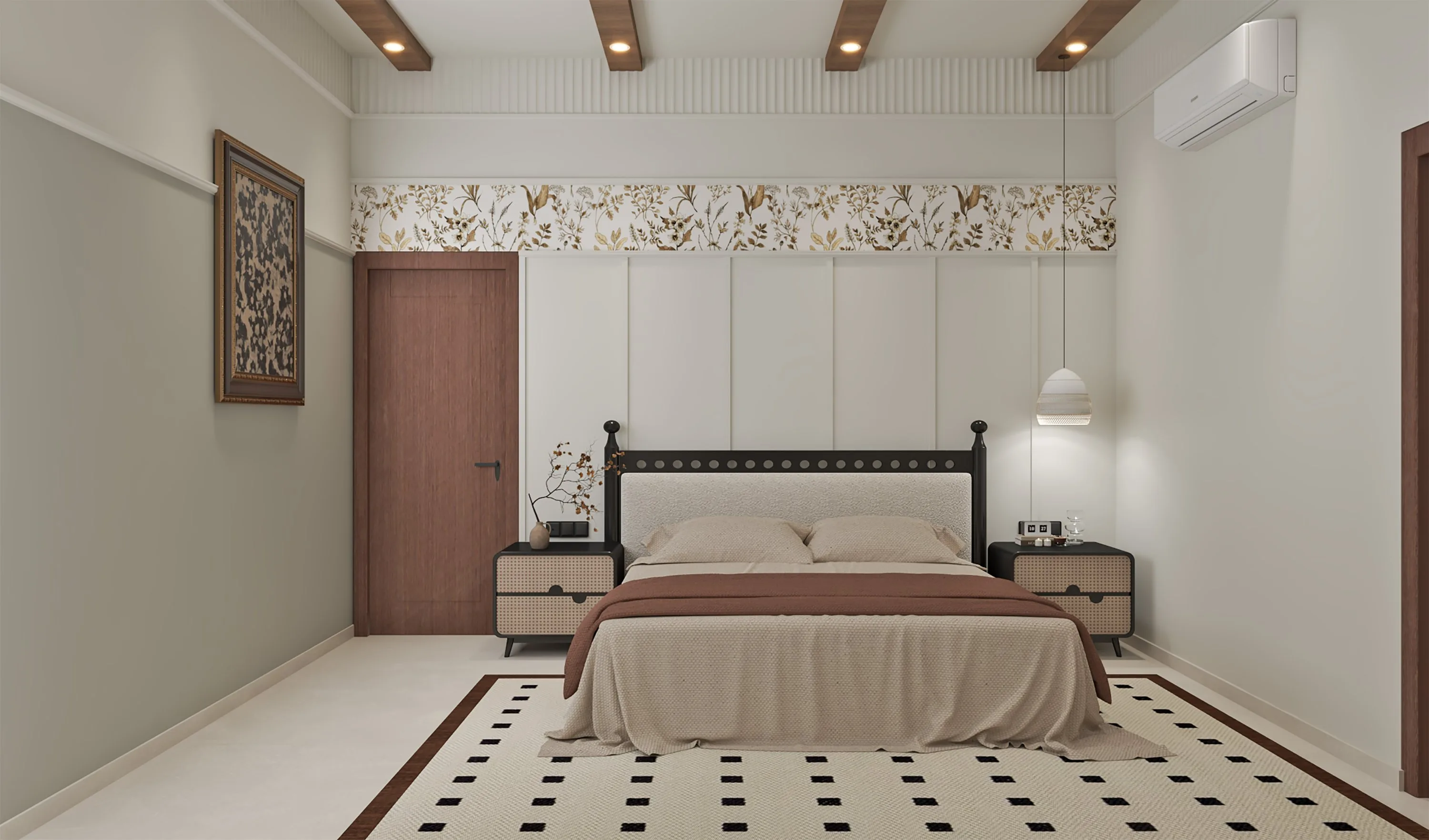 Bedroom with a black-framed bed, a stencilled frieze and exposed timber ceiling beams
