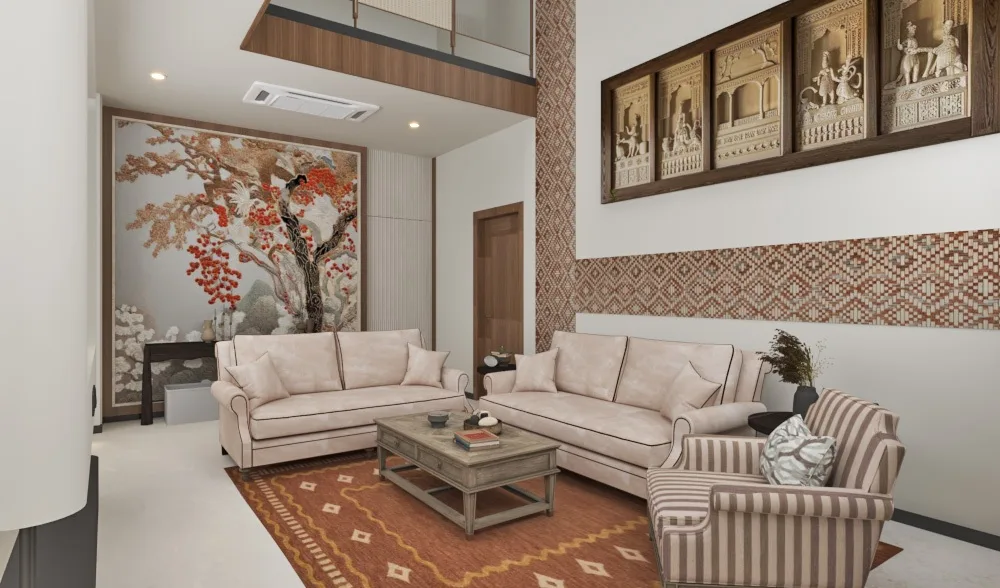 Living room with a blossom-tree mural, a row of framed miniatures and a patterned red rug