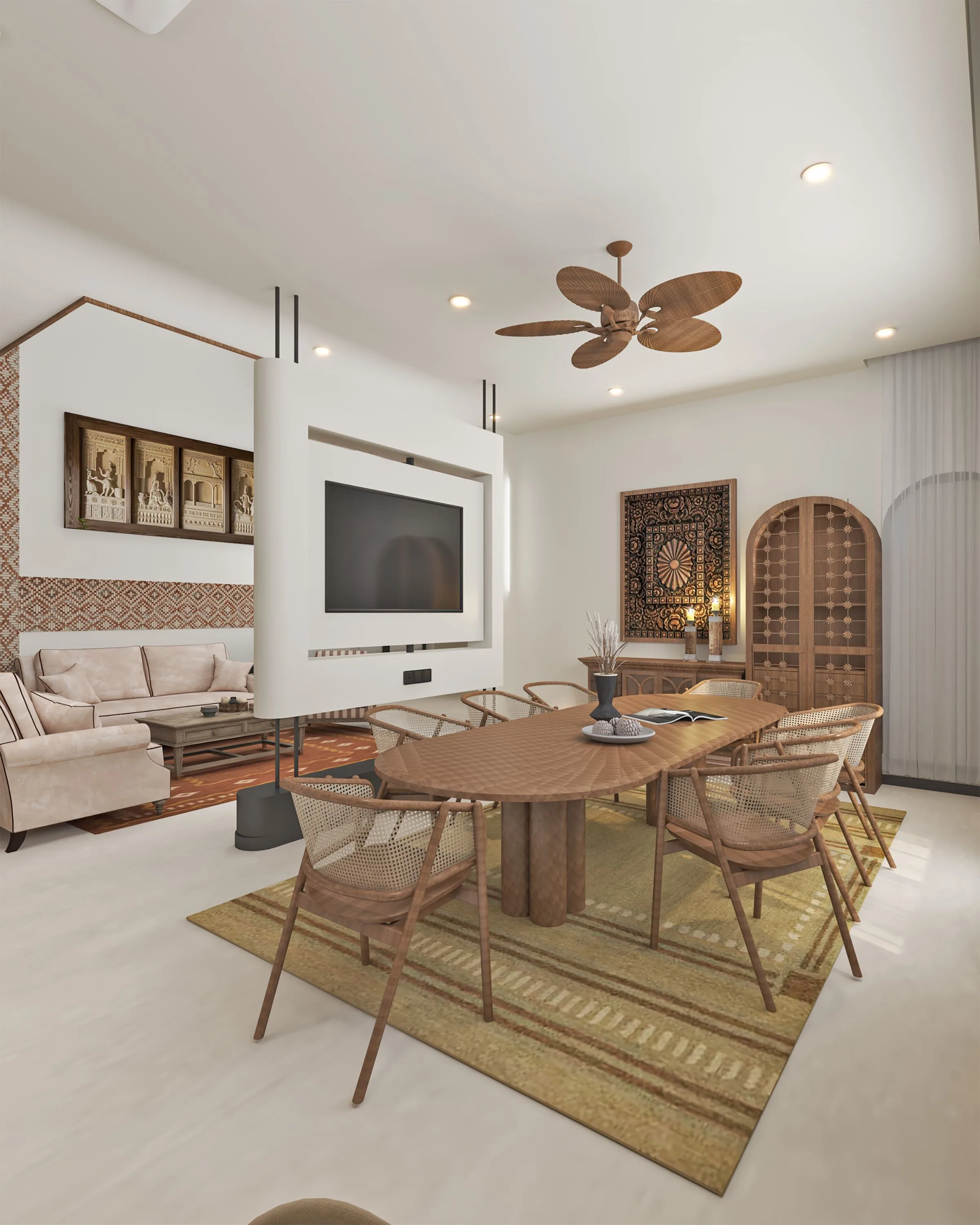 Double-height living room with a mezzanine rail and a floor-to-ceiling mural wall