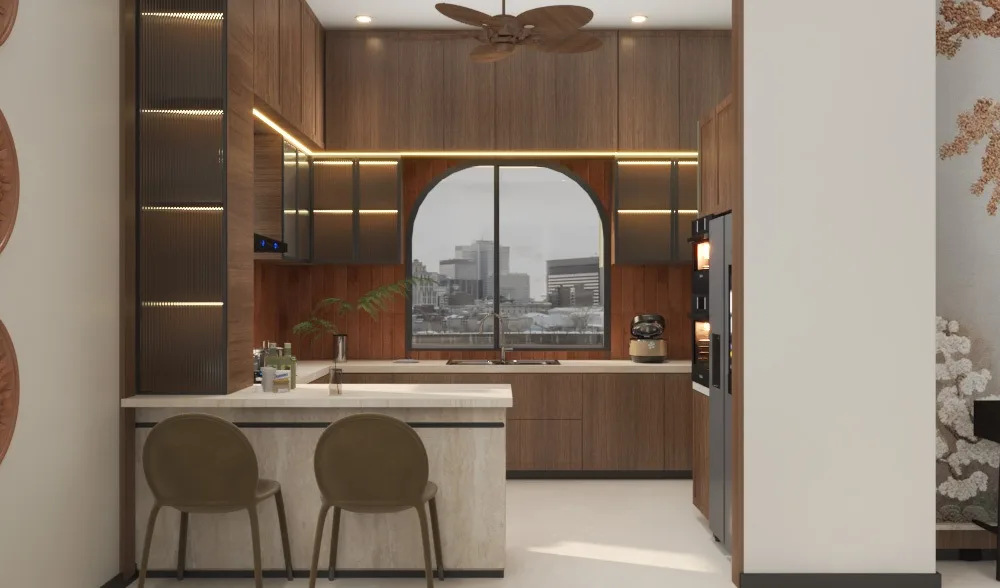 Kitchen in walnut cabinetry with an arched window and a breakfast counter with two stools