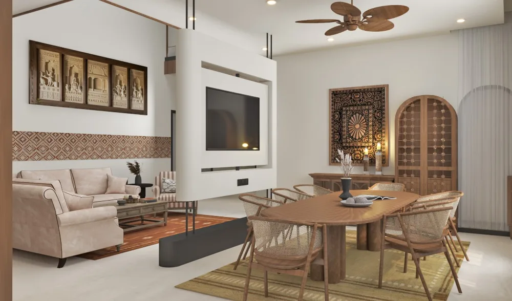 Living room with a white television partition, a timber dining table beyond and an arched doorway