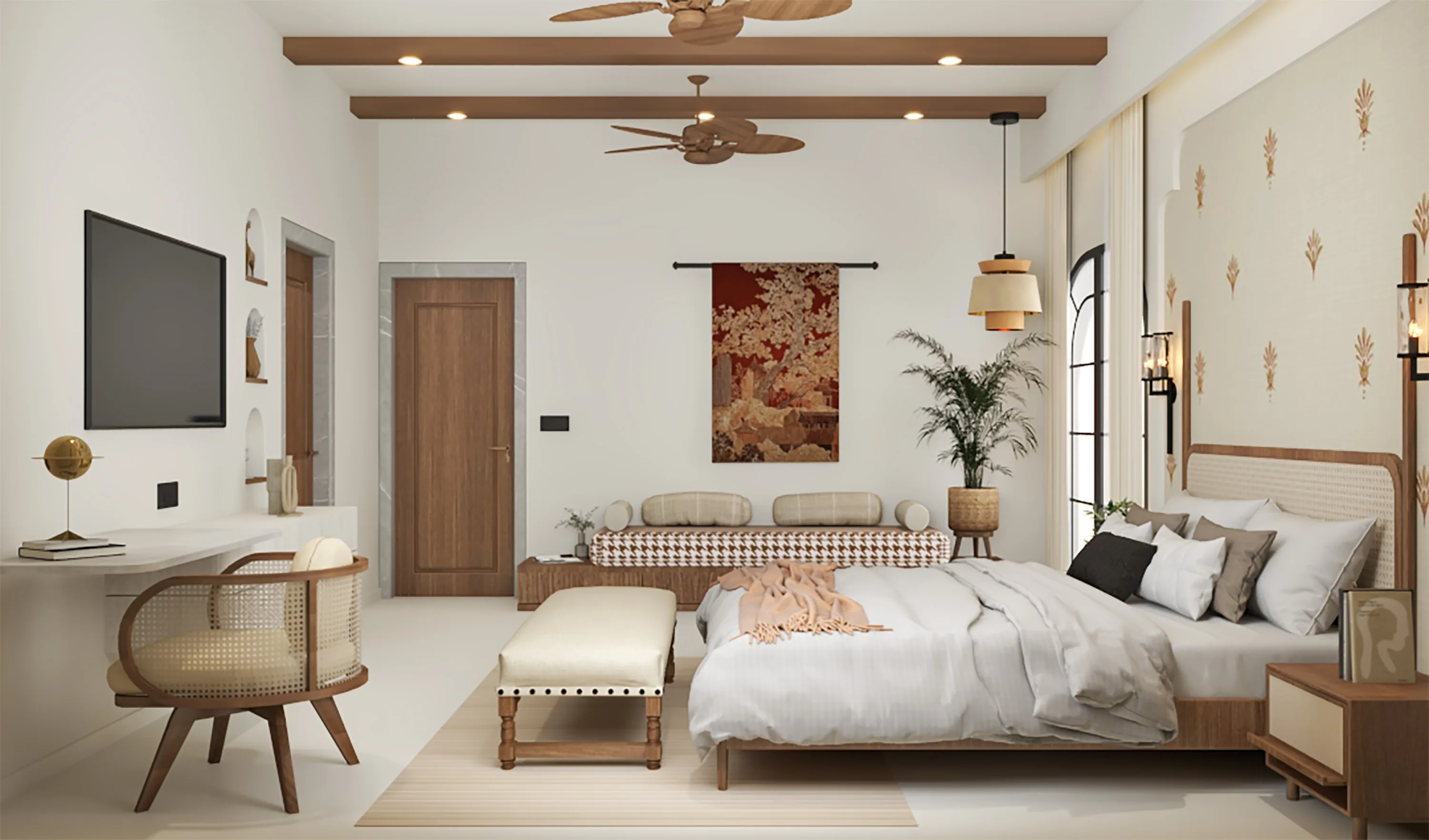 Bedroom with a stencilled accent wall, brass sconces and a woven tapestry beside the door