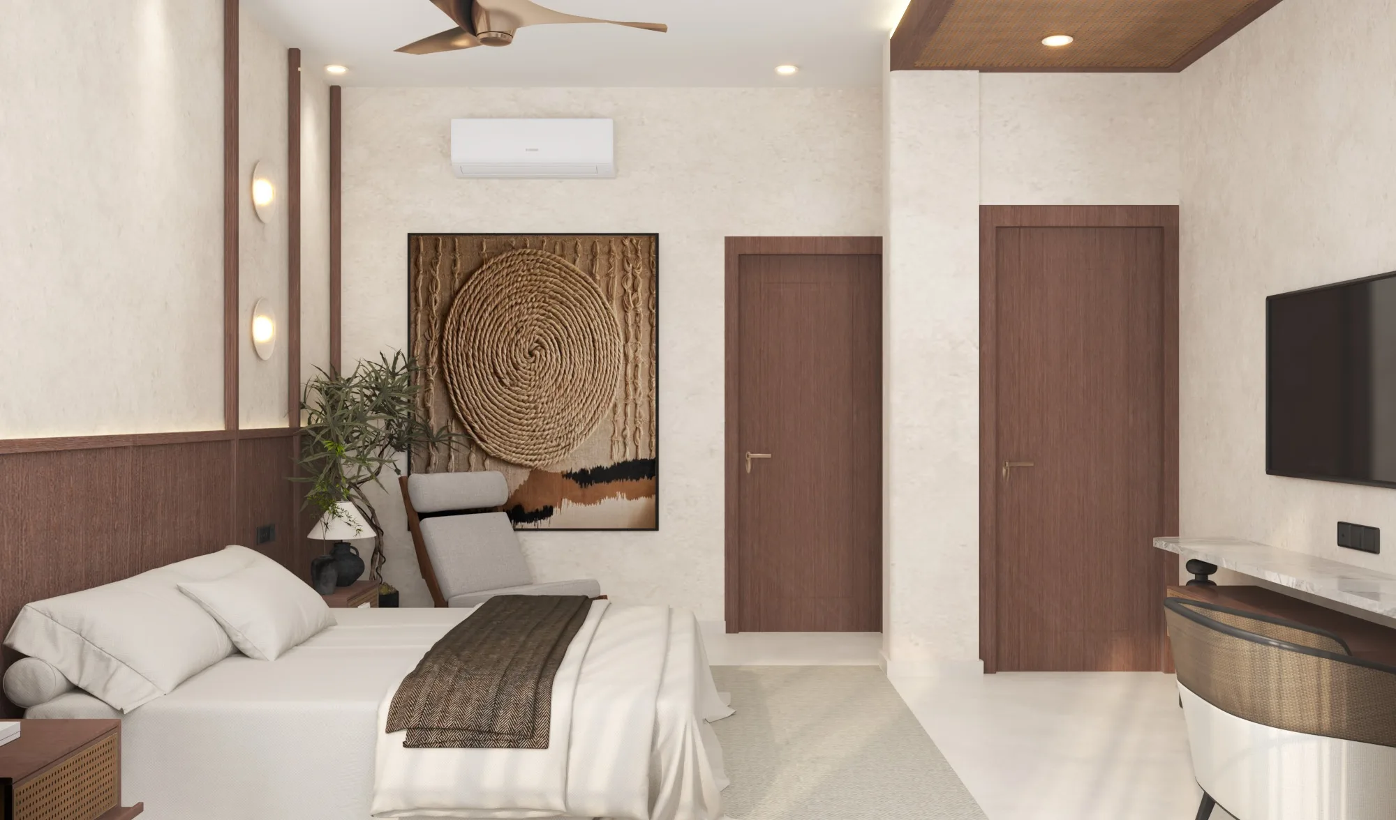 Bedroom with a carved round timber panel above a walnut wainscot