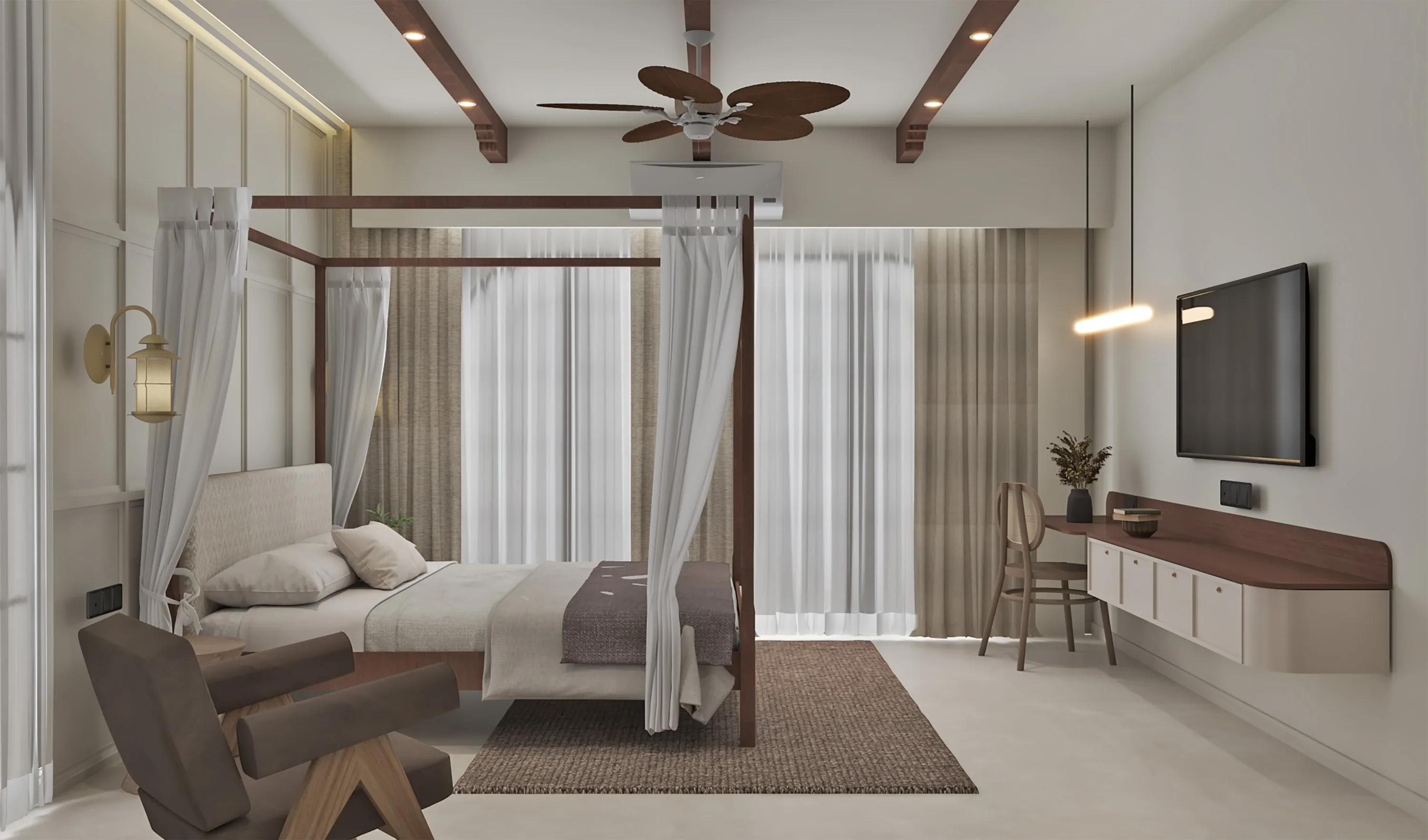 Bedroom with a curtained four-poster bed, a lounge chair and a floating desk below the television
