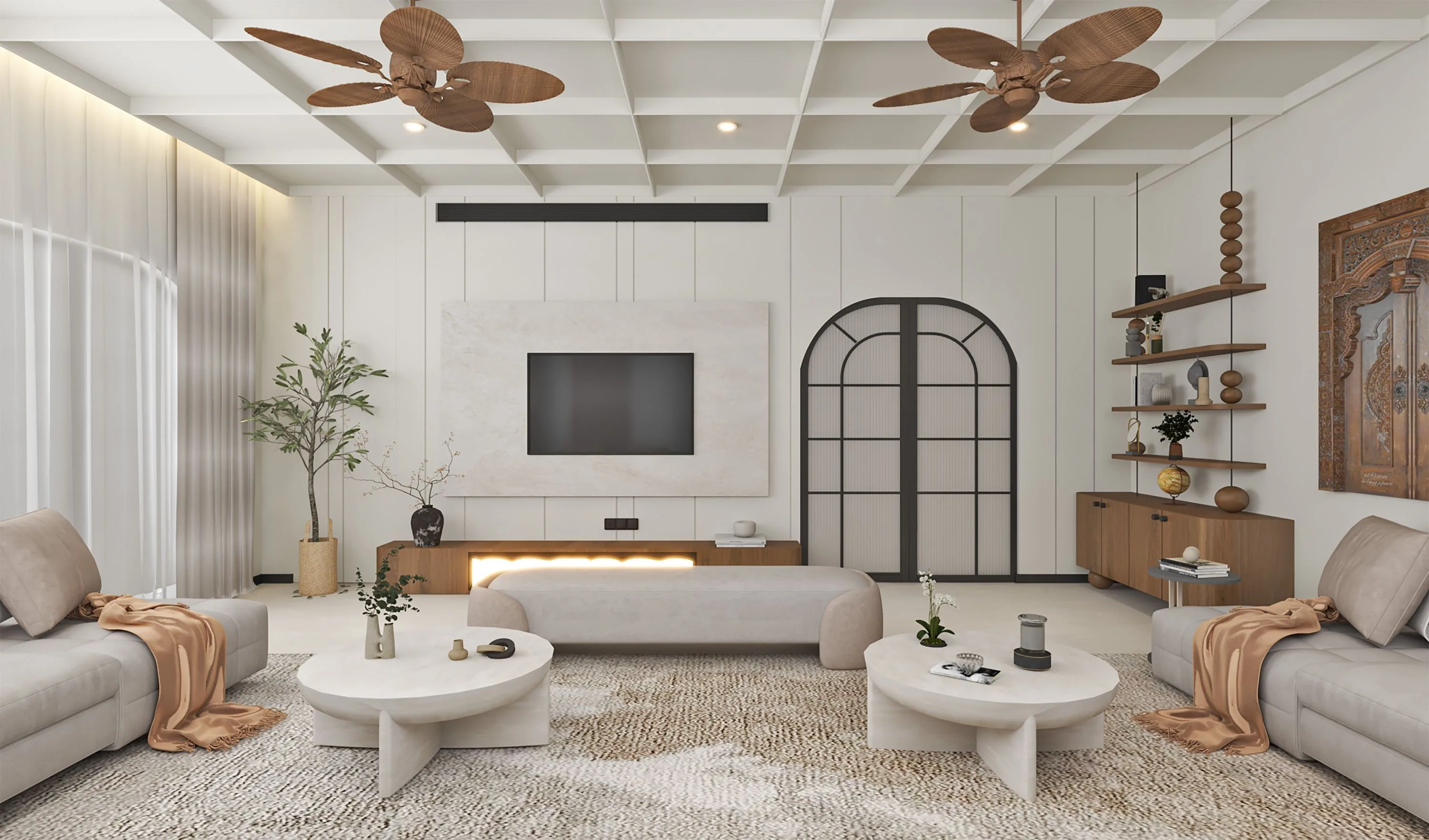 Drawing room with a coffered ceiling, twin ceiling fans and an arched black-framed door