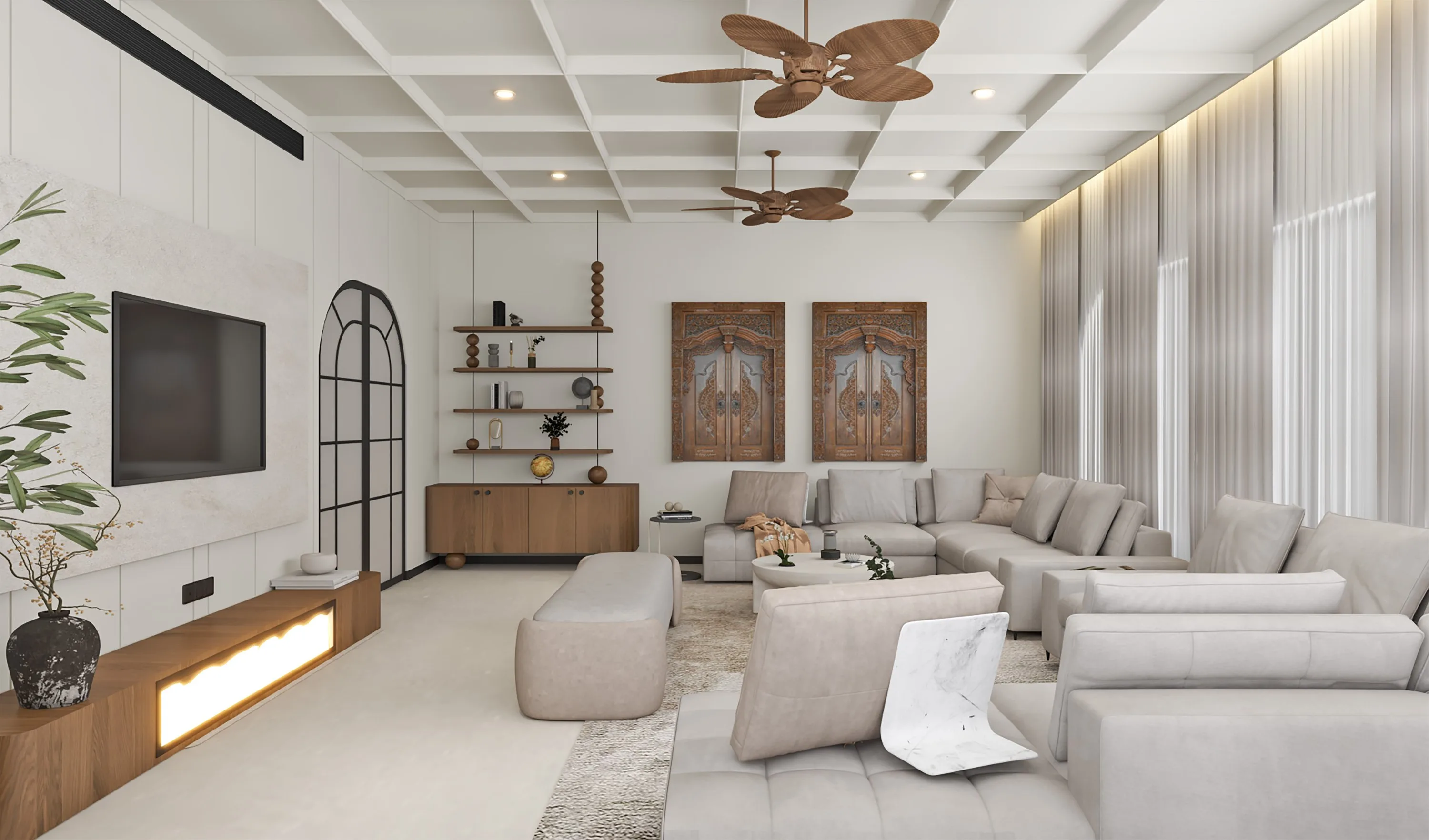 Living room with a coffered ceiling, deep sectional sofas and a pair of carved timber panels