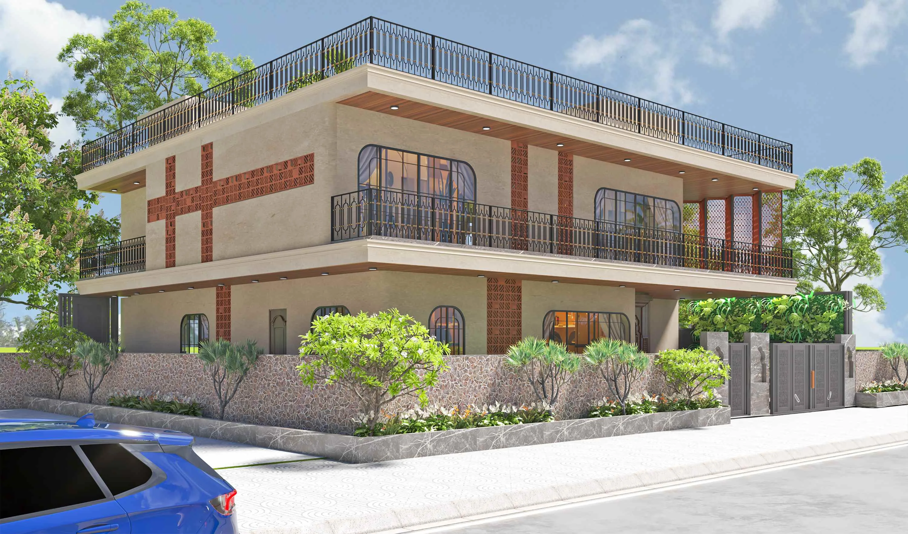 Corner elevation with terracotta-red fins, a railed roof terrace and a landscaped forecourt