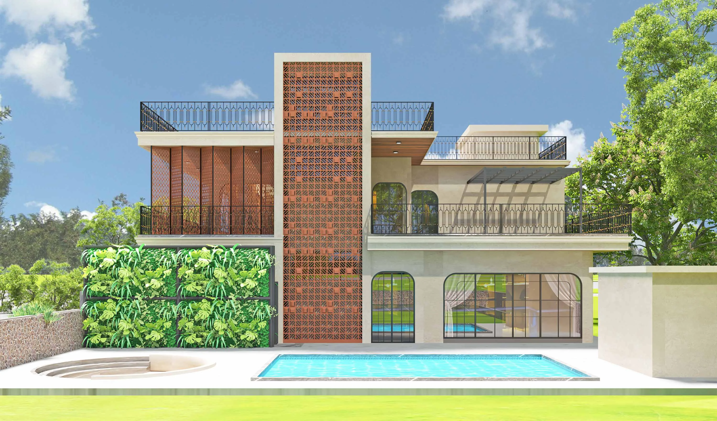 Rear elevation with a covered pool terrace and a living wall of greenery