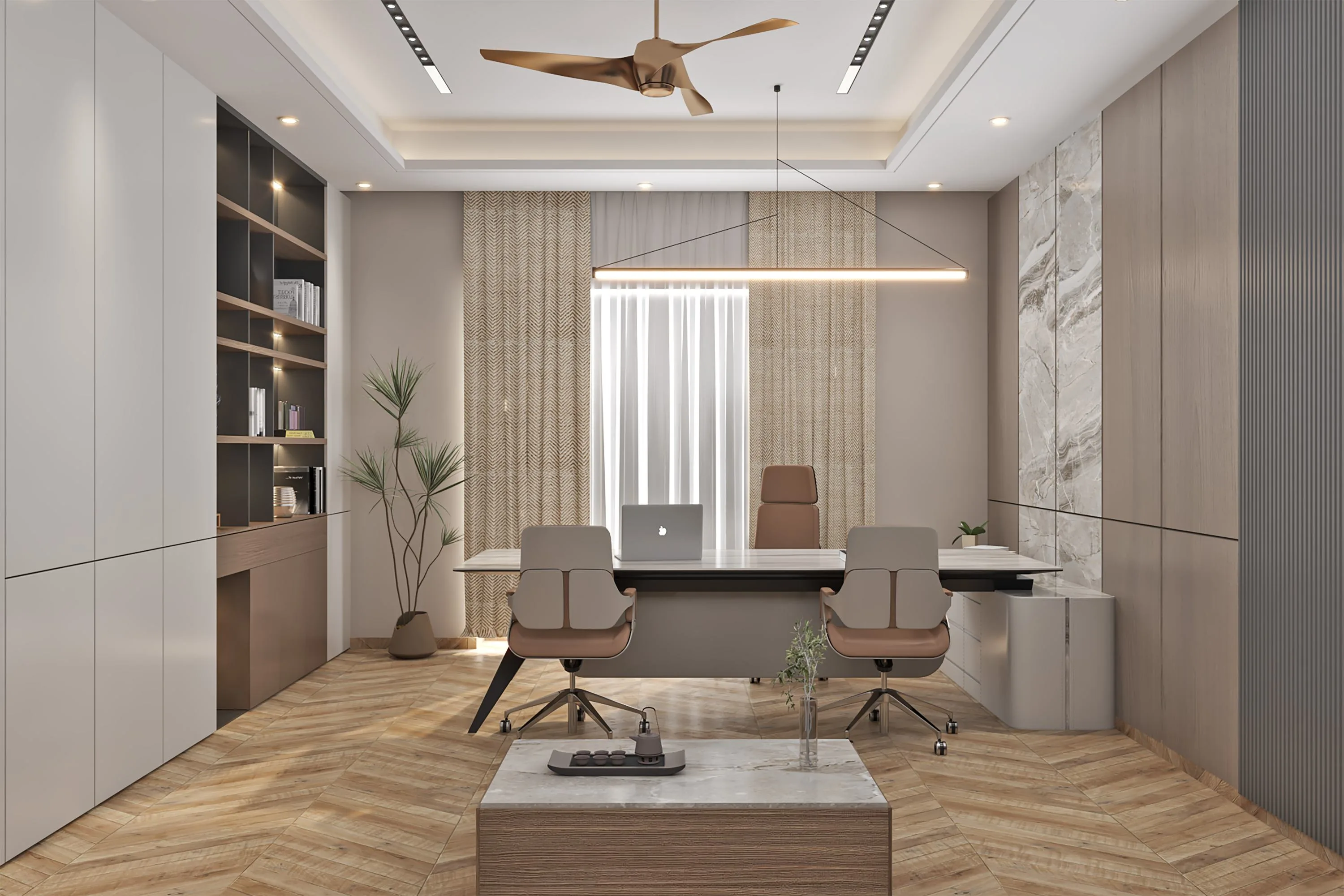 Director's cabin with a marble-topped desk on herringbone flooring, facing a dark bookshelf wall