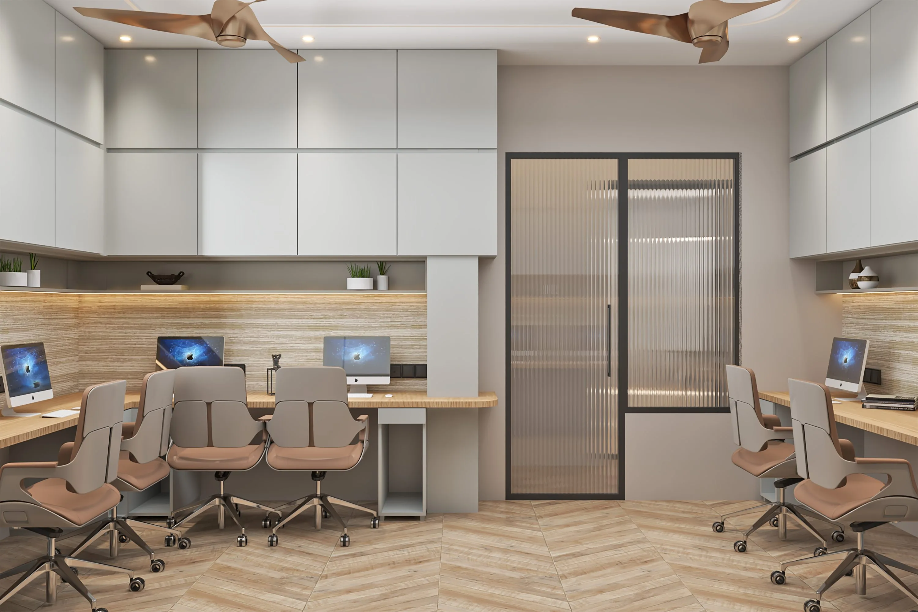Workstation corridor leading to a fluted-glass cabin door