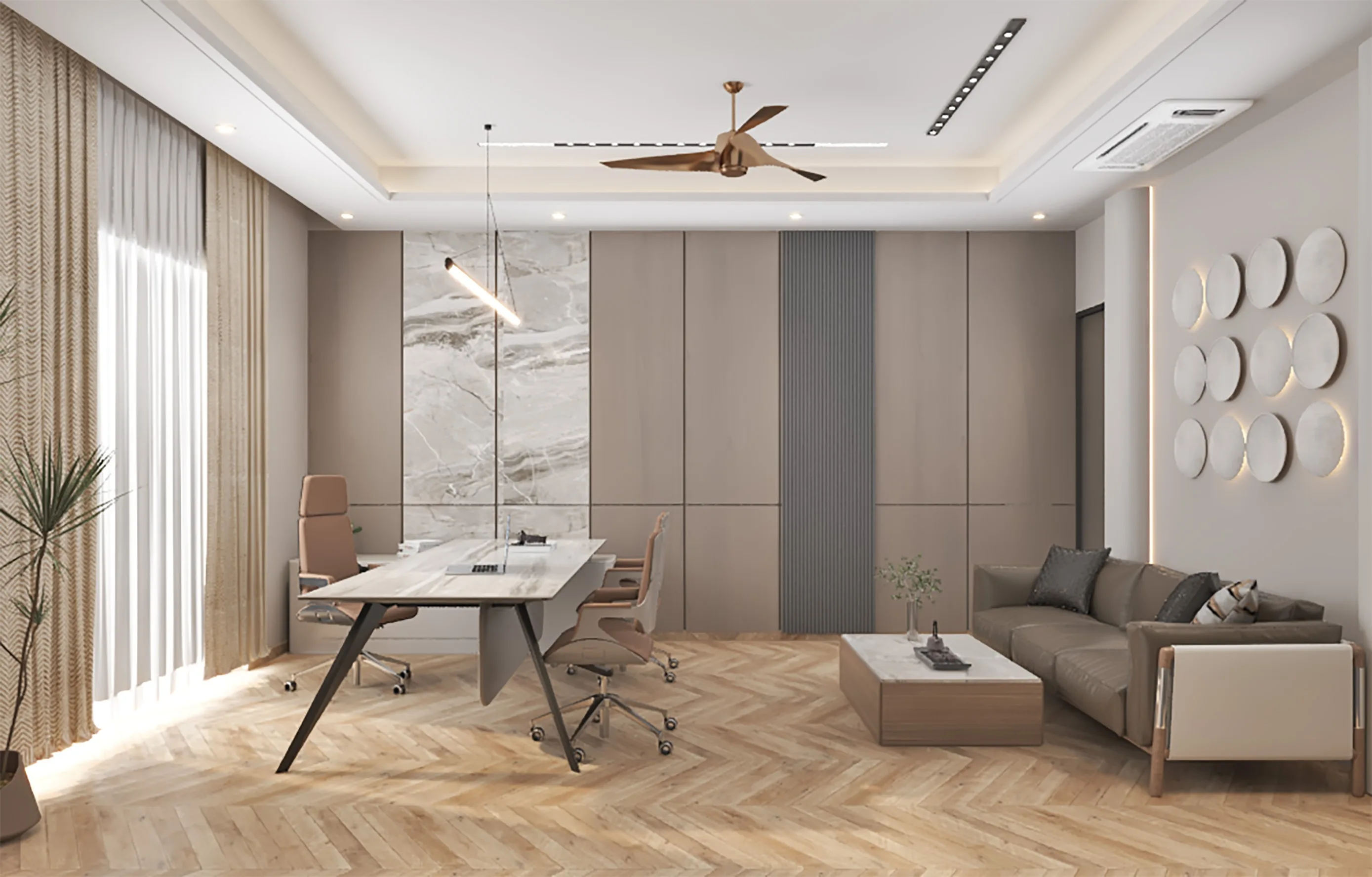 Cabin lounge with a leather sofa, a marble accent panel and a trophy-lined bookshelf