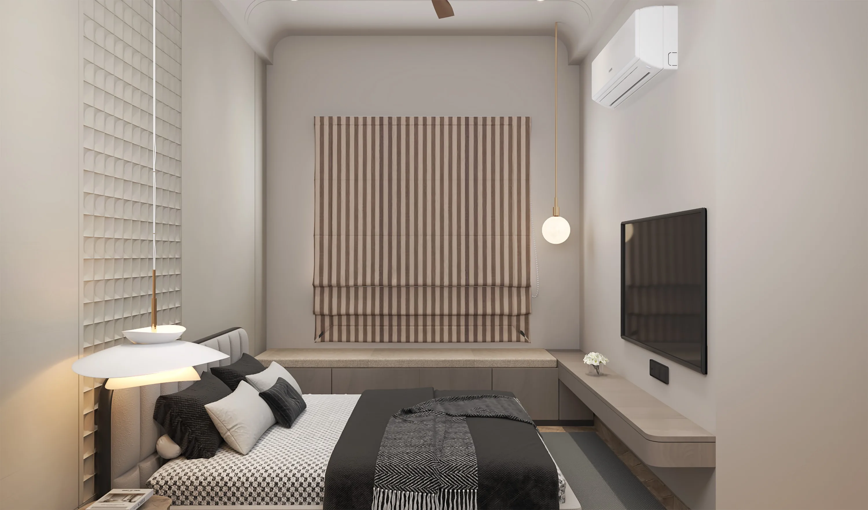 Bedroom with a slatted timber headboard wall, a wall-mounted television and a built-in bench