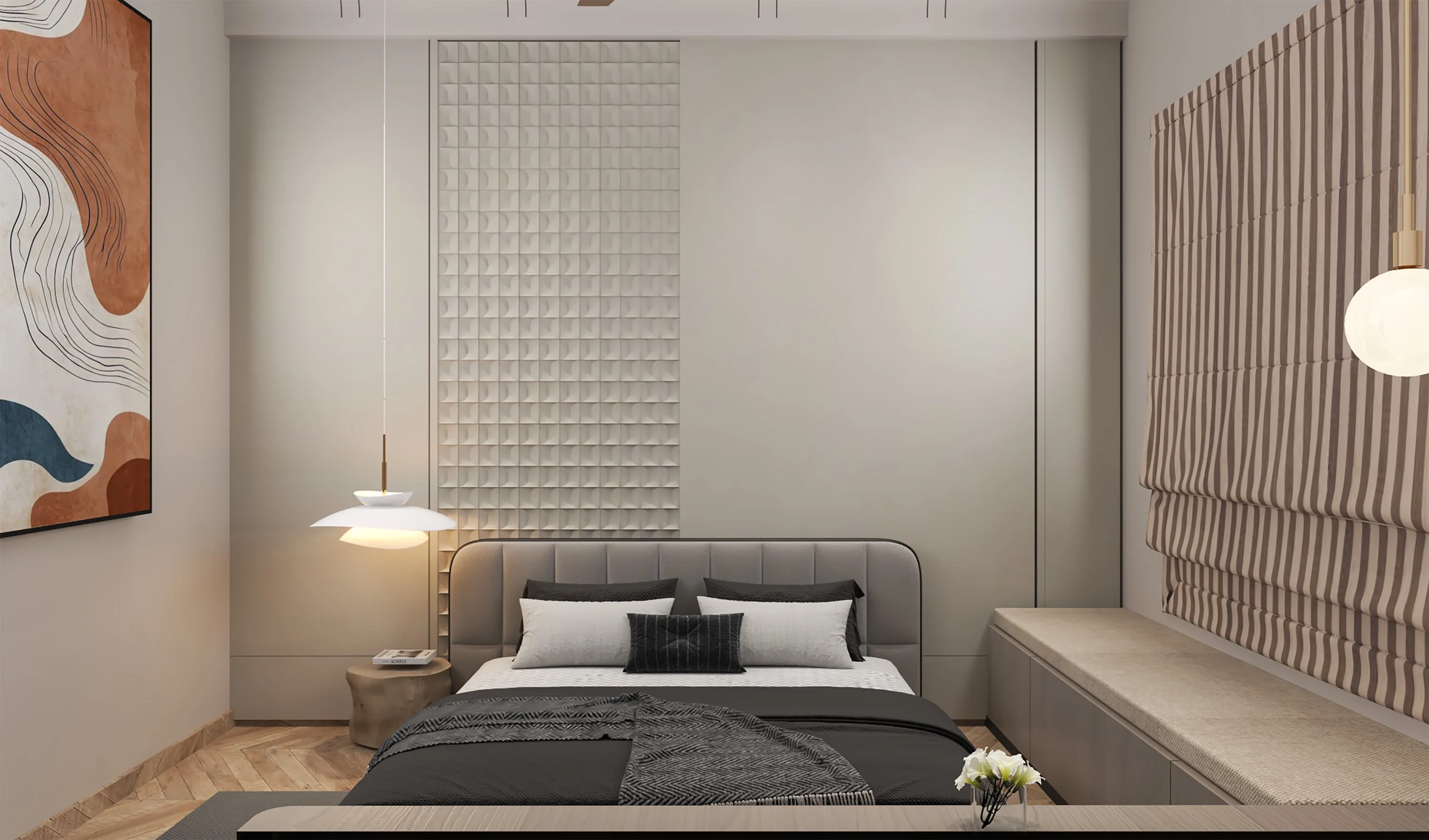 Bedroom with an abstract painted panel, a woven headboard screen and a hanging pendant