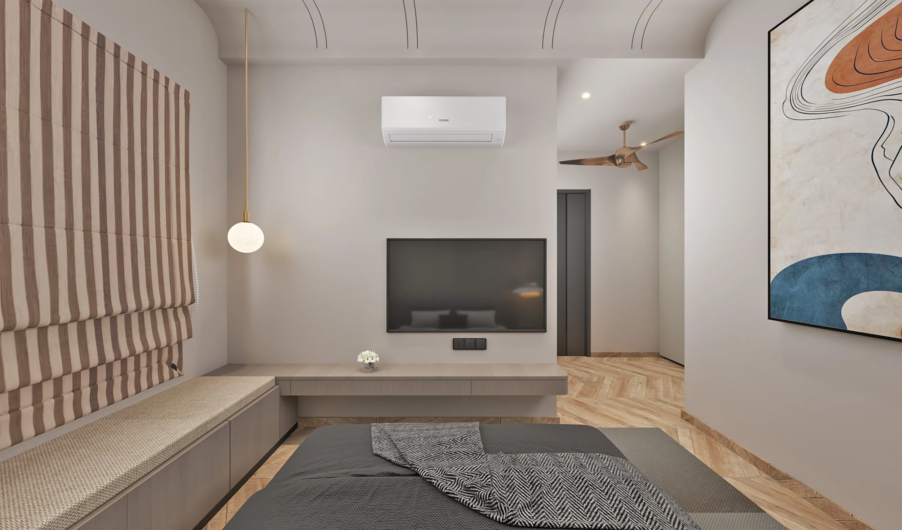 Bedroom with a low platform bed, a wall-mounted television and an abstract painting in blue and rust