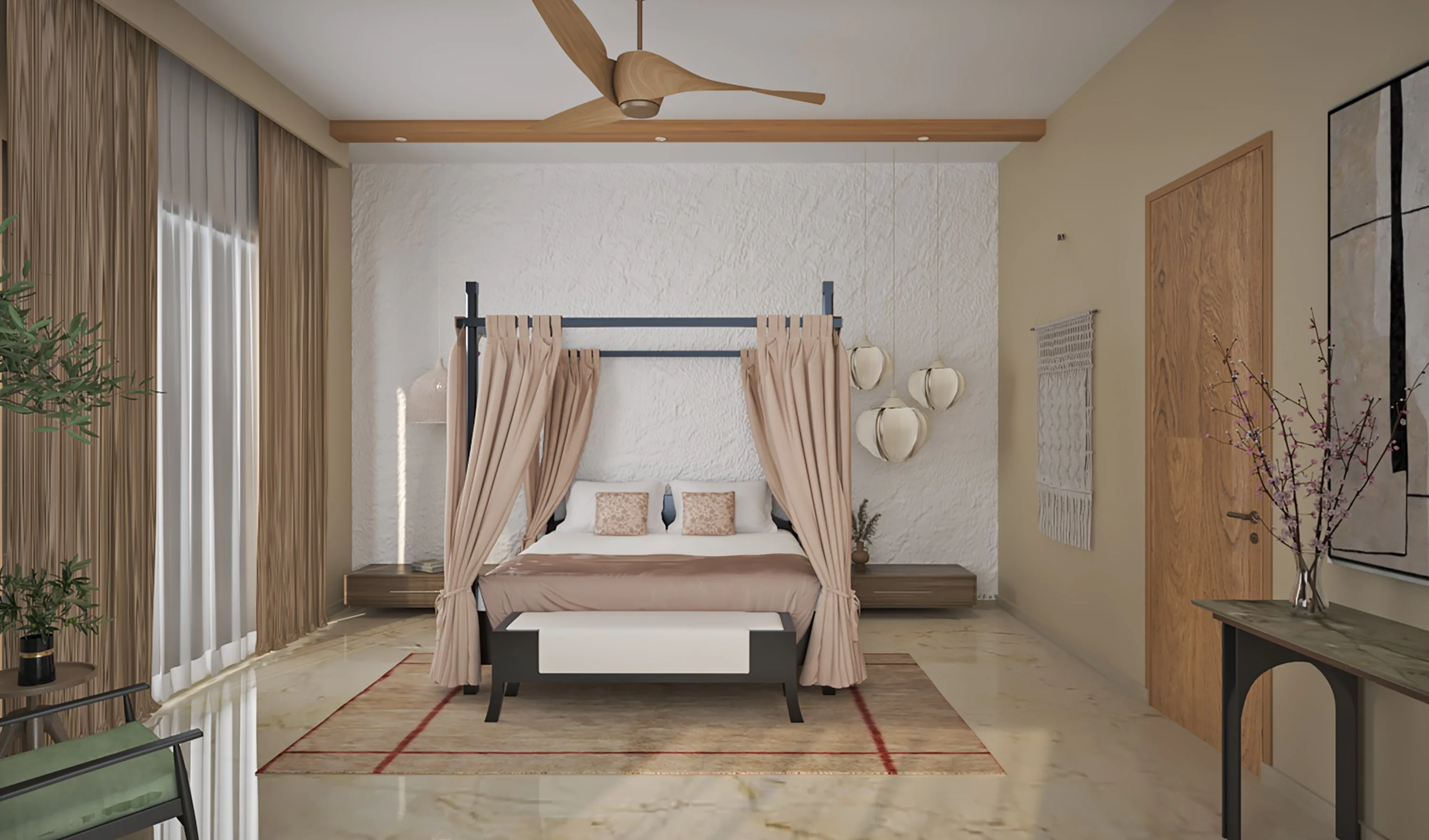 Guest bedroom with a curtained four-poster frame and a cluster of globe pendants