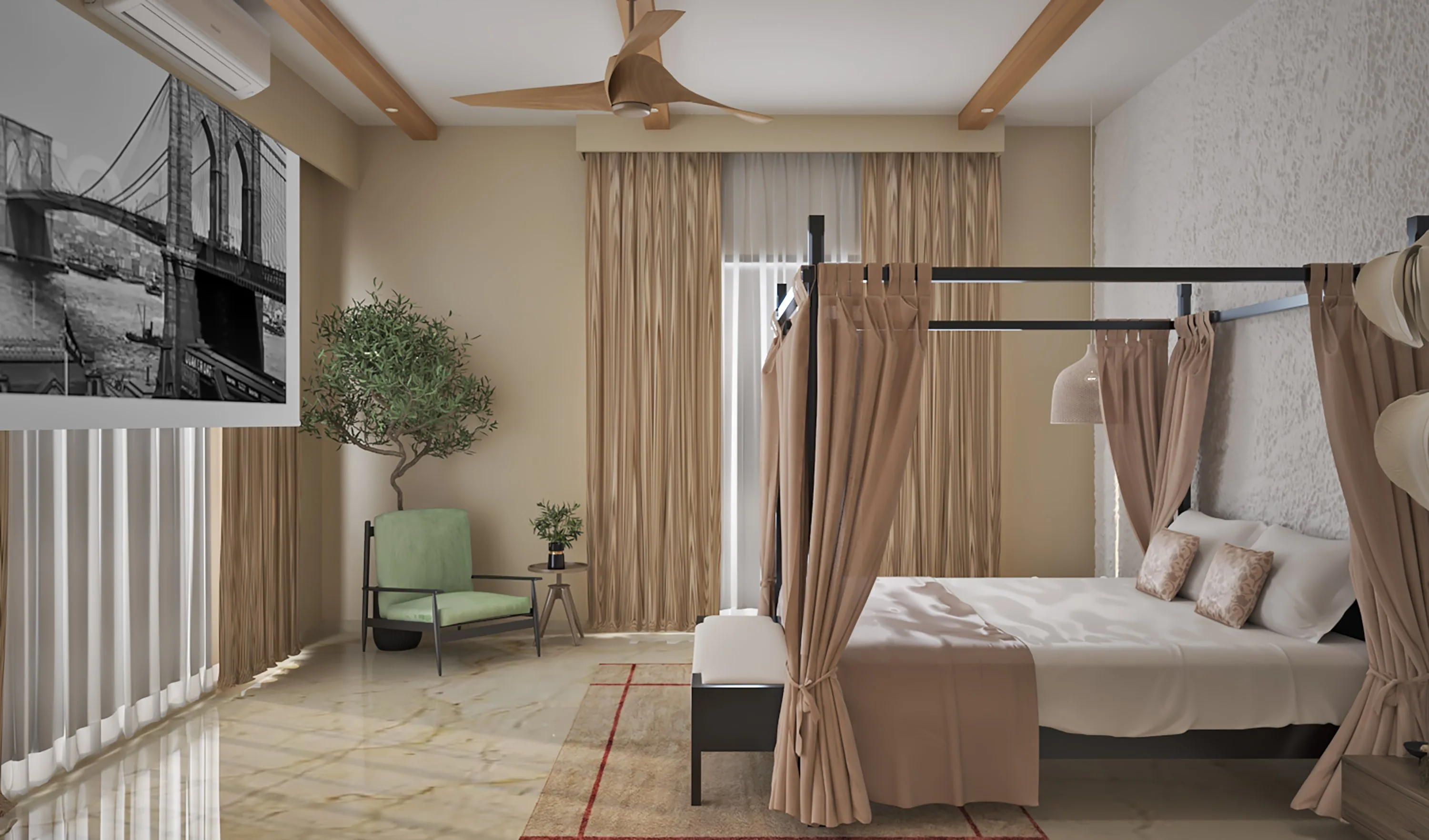 Guest bedroom with a curtained four-poster bed and a green armchair by the window