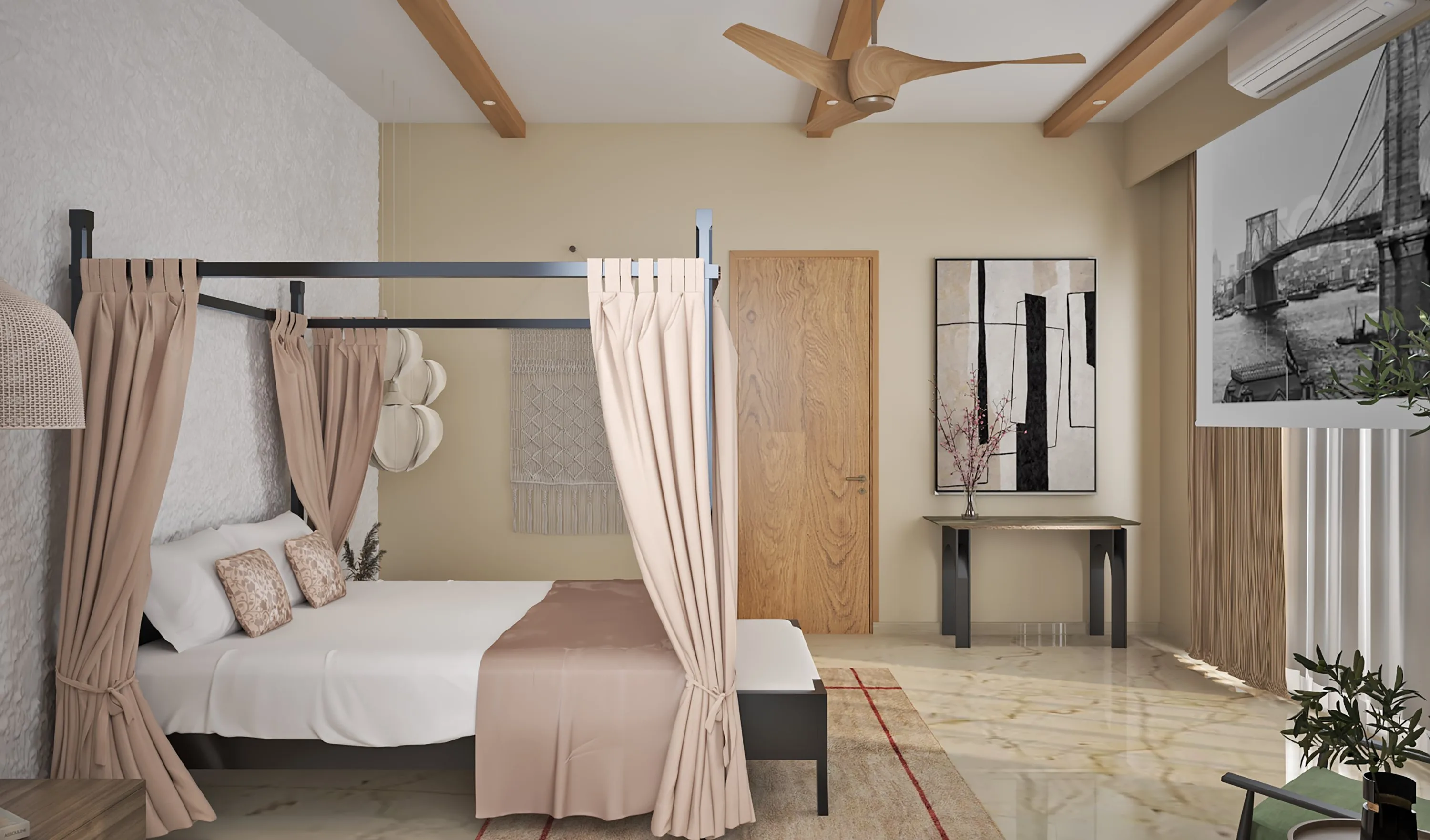 Guest bedroom with a four-poster frame in blush drapes and a slim dressing console