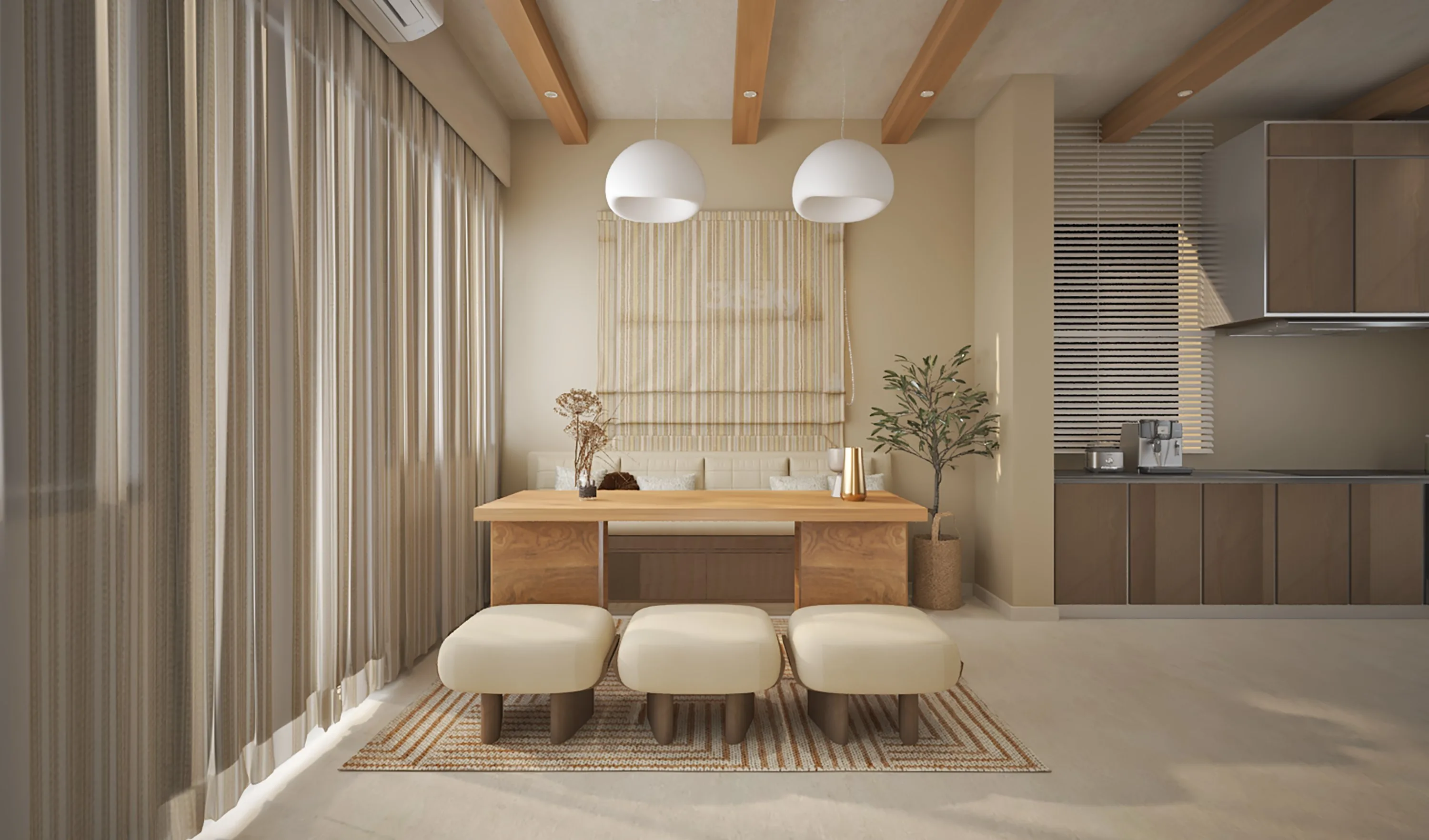 Dining table under a trio of white pendants, before a slatted timber wall and an open kitchen