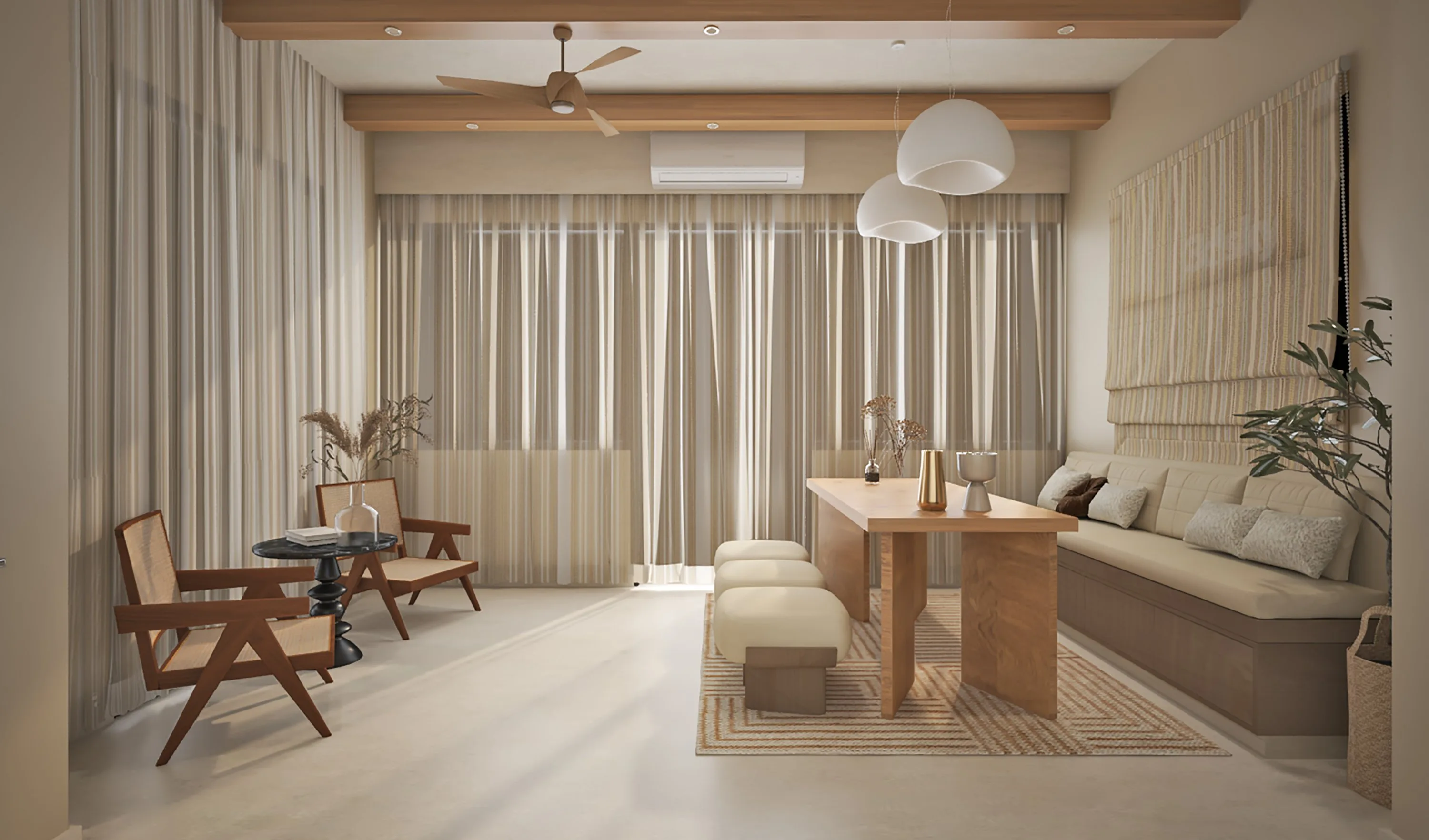 Long living and dining room with a built-in bench, cane lounge chairs and sheer-curtained windows