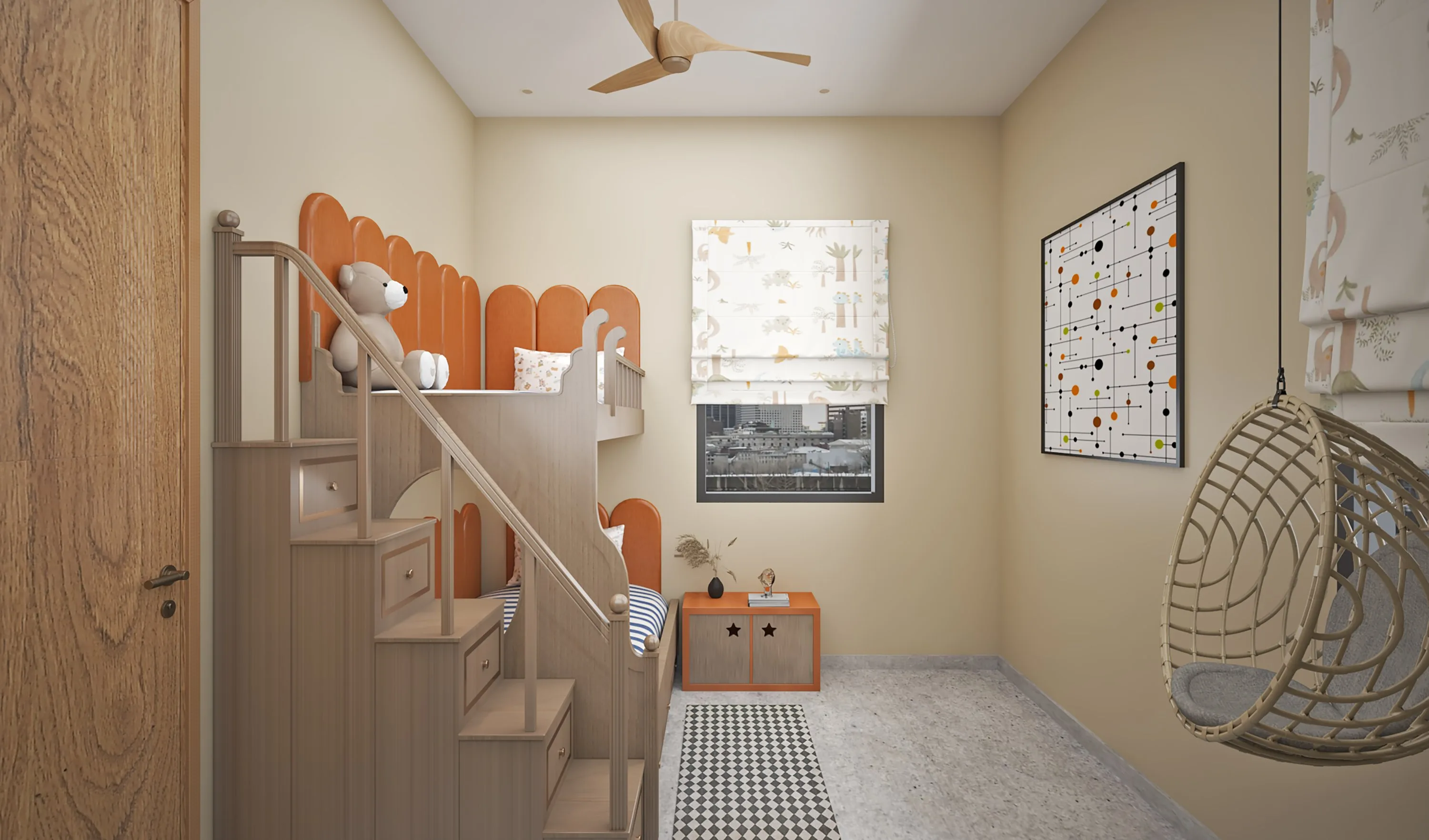 Children's bunk room with a scalloped orange headboard wall and a built-in stair