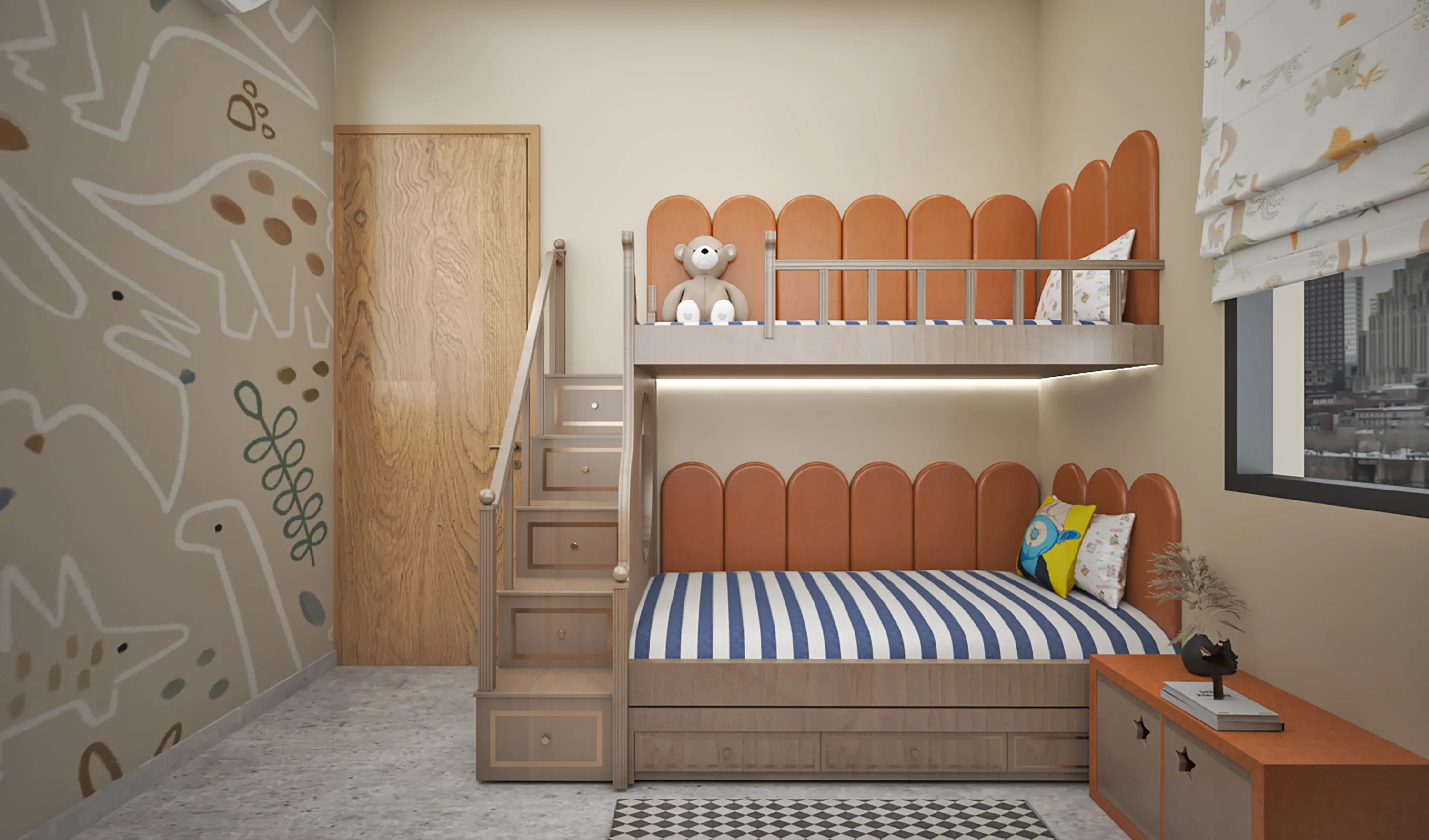 Children's bunk beds with scalloped orange headboards beside a patterned mural wall