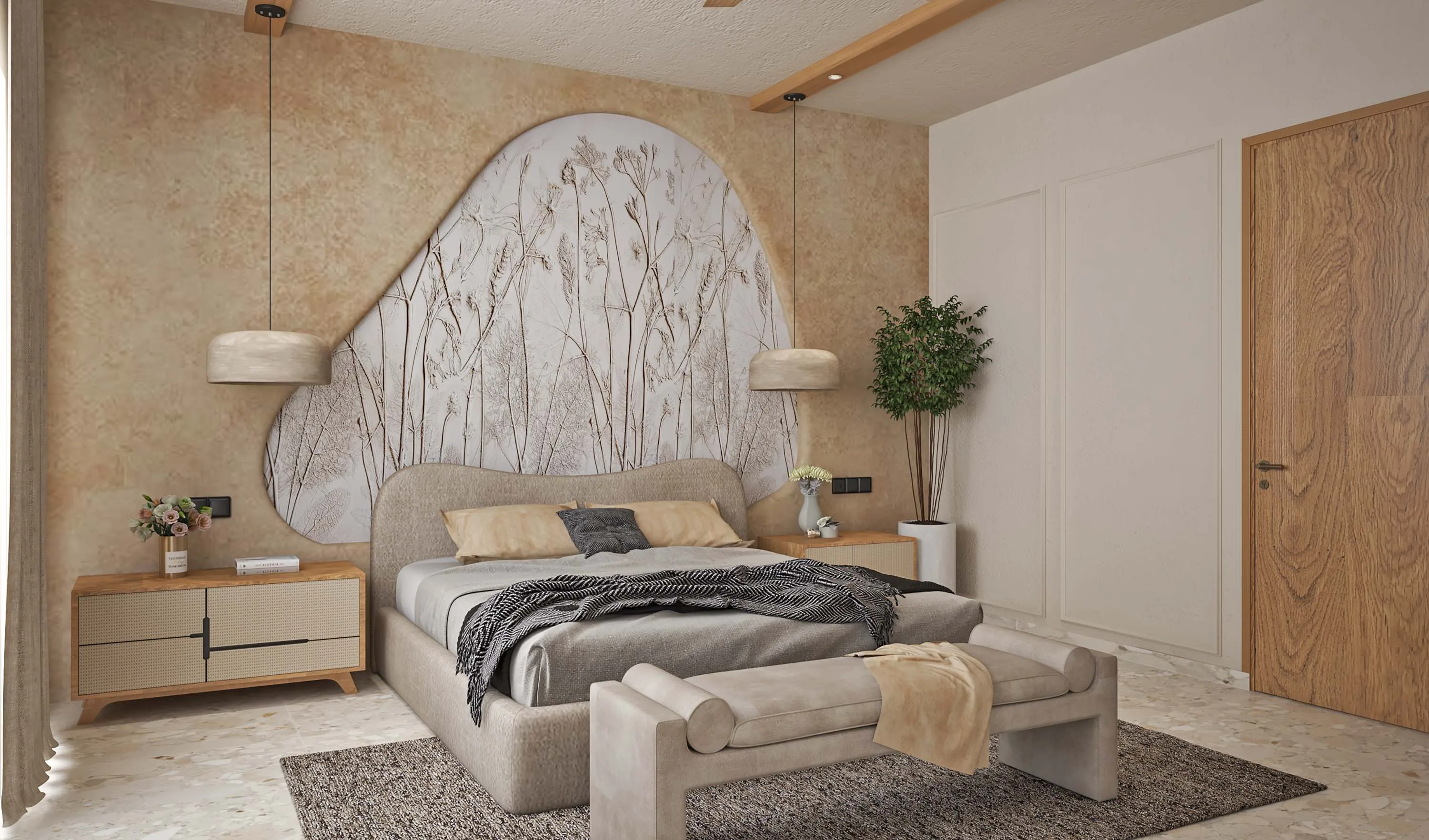 Primary bedroom with a dried-grass mural rising behind an arched upholstered headboard