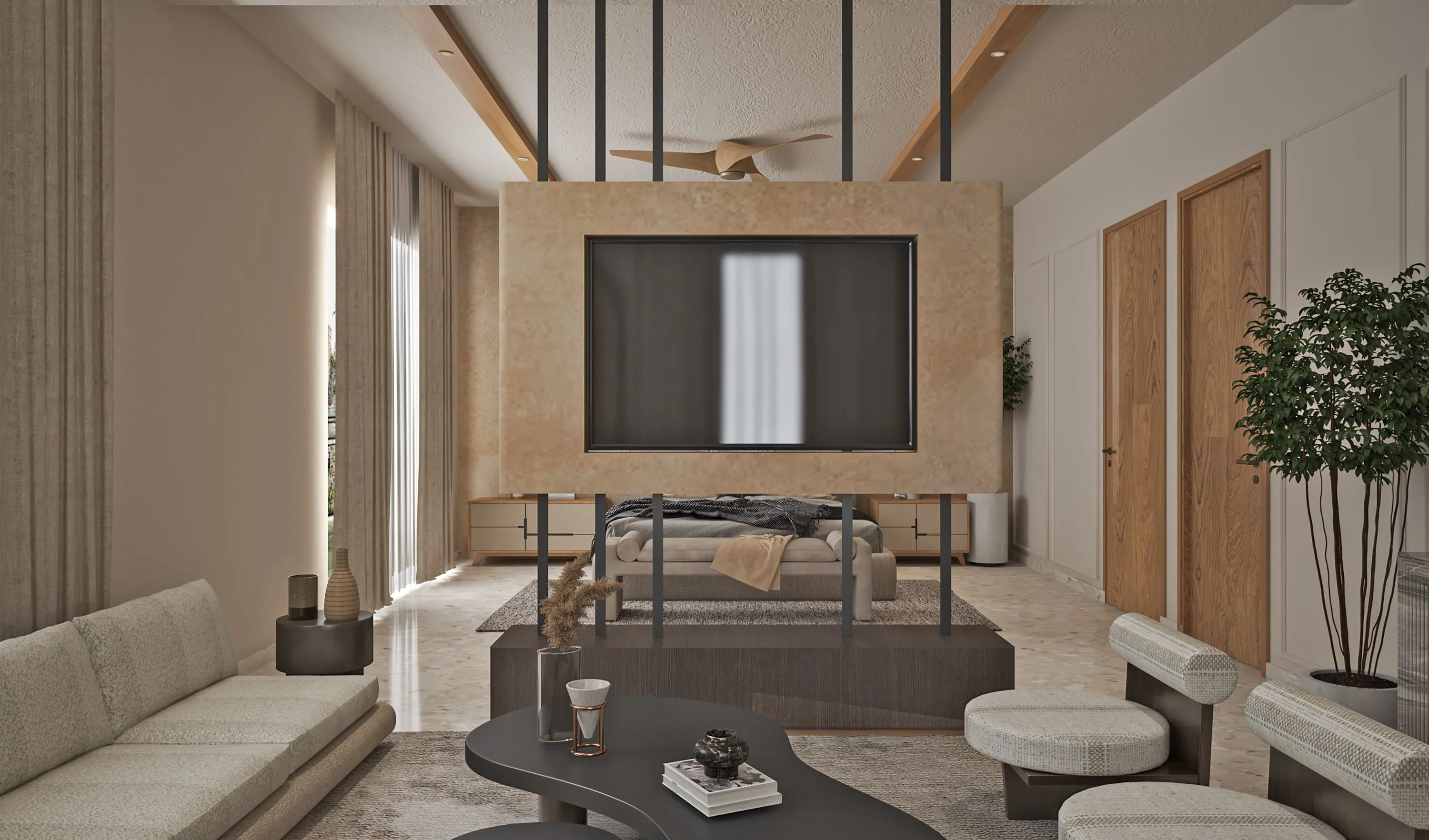 Living room with a timber-framed television partition, a low sectional and potted olive trees