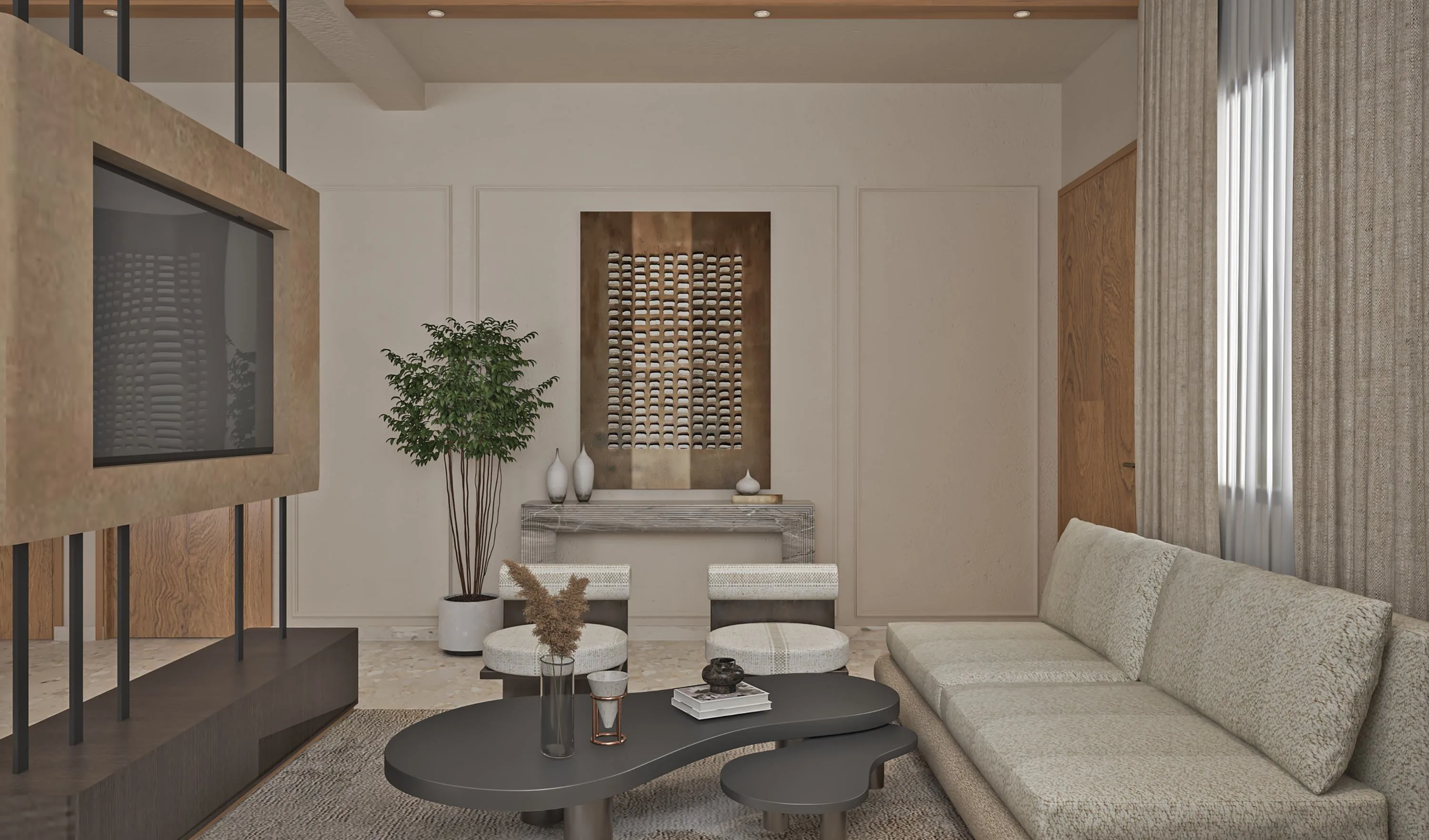 Living room with a fluted travertine TV wall and a carved stone relief panel