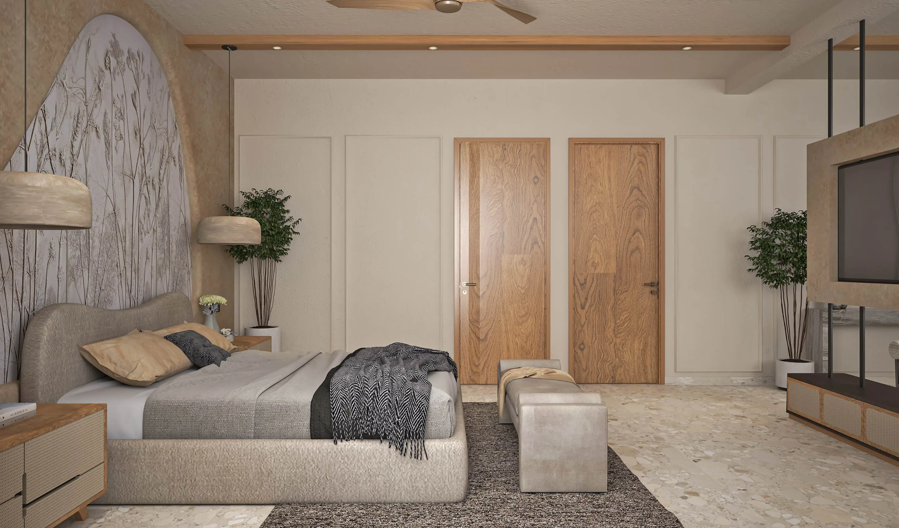 Primary bedroom seen toward twin oak doors, with the dried-grass mural behind the bed