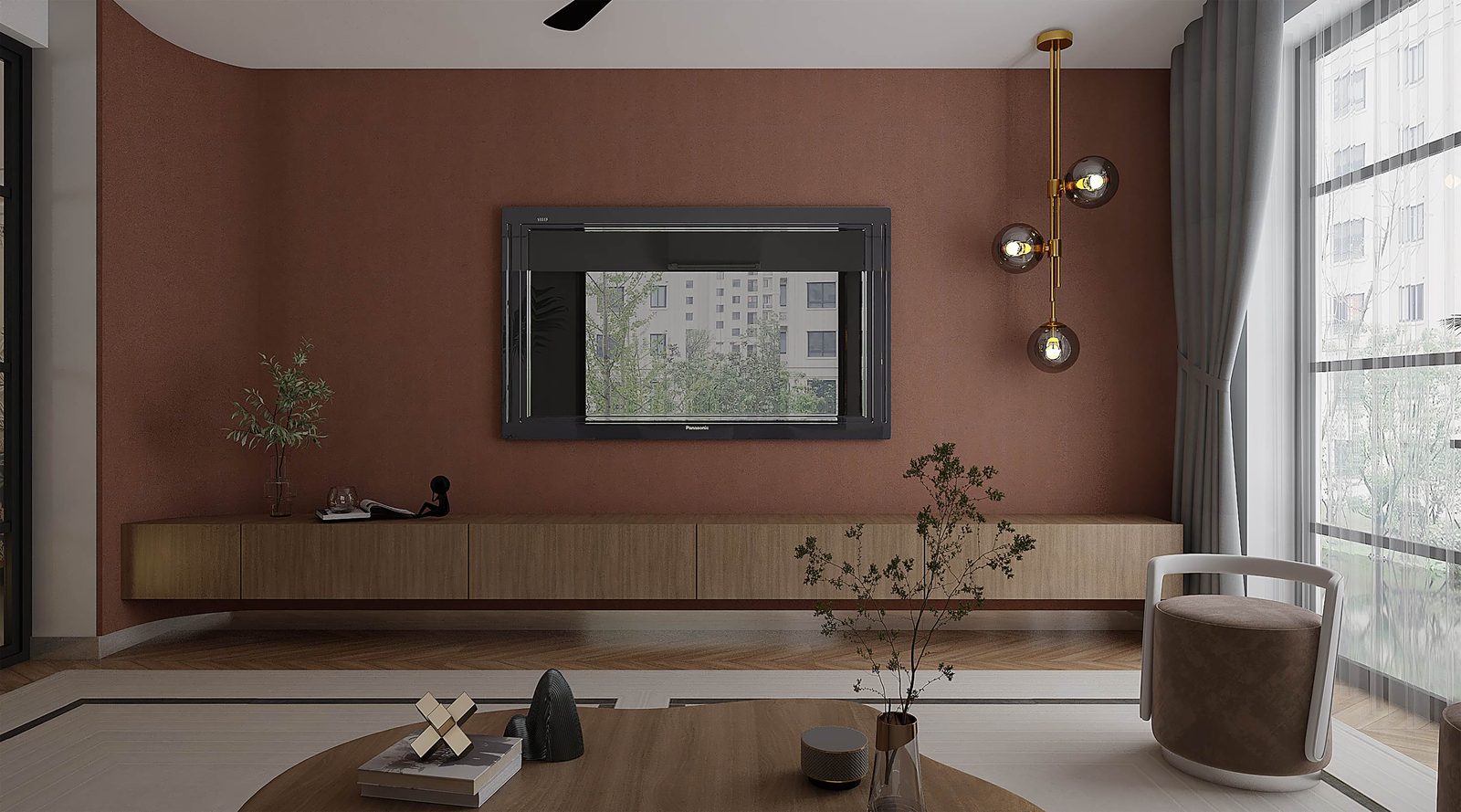 Living room with a terracotta wall, a long oak media unit and brass globe pendants