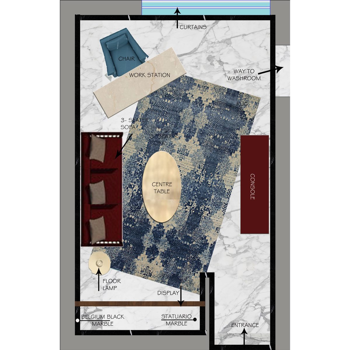 Annotated furniture layout plan marking the seating, centre table, console and marble finishes